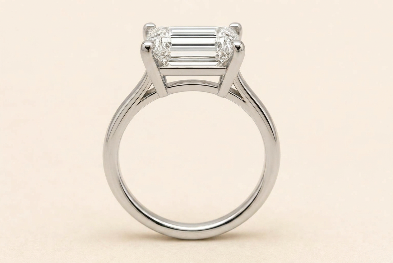 emerald cut diamond ring, side profile showing claw setting